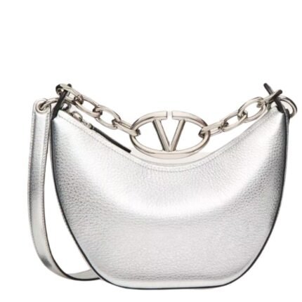 VALENTINO GARAVANI VLOGO MOON MINI HOBO BAG IN METALLIC GRAINY CALFSKIN WITH CHAIN