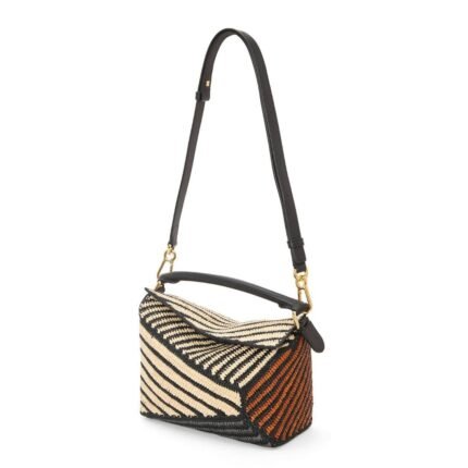 LOEWE SMALL PUZZLE EDGE BAG IN RAFFIA AND CALFSKIN