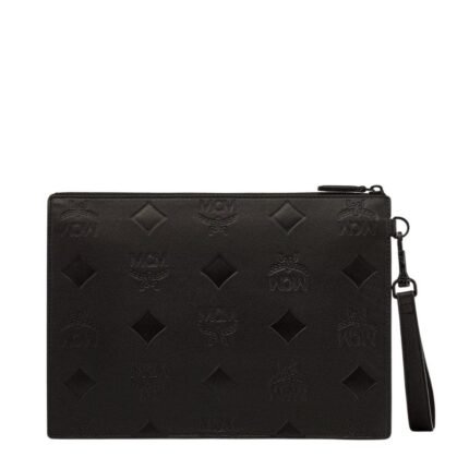 MCM AREN WRISTLET ZIP POUCH IN MAXI MONOGRAM LEATHER BLACK
