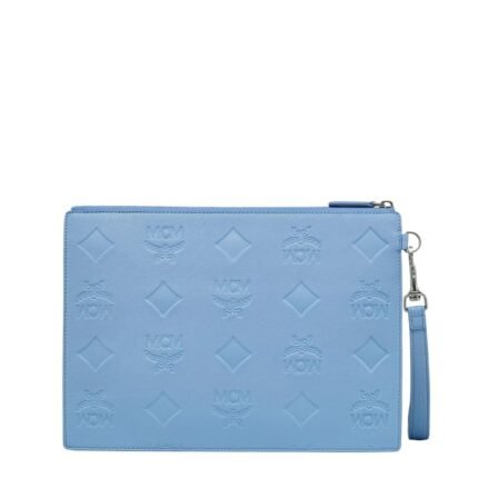 MCM AREN WRISTLET ZIP POUCH IN MAXI MONOGRAM LEATHER BLUE