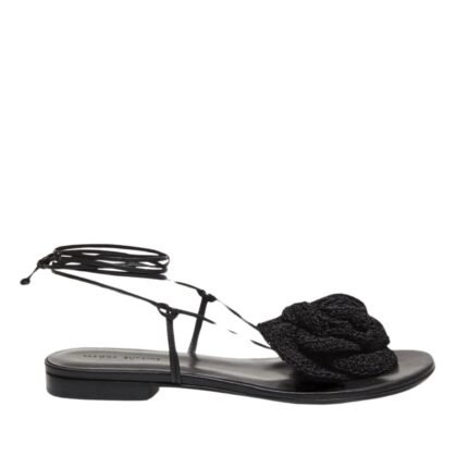 MAGDA BUTRYM WRAP AROUND FLAT FLOWER SANDALS IN BLACK CROCHET