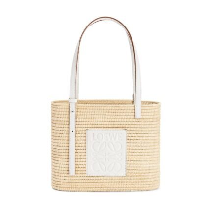 LOEWE SMALL SQUARE BASKET BAG IN RAFFIA AND CALFSKIN