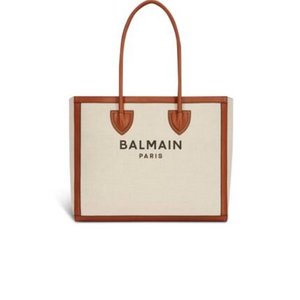 BALMAIN ECRU CANVAS B-ARMY 42 TOTE BAG WITH BROWN LEATHER PANELS
