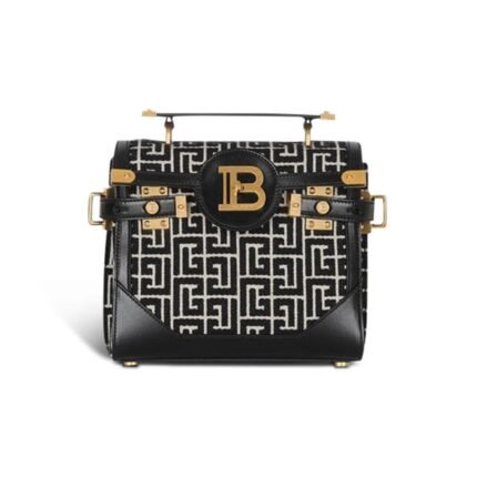 BALMAIN BICOLOR JACQUARD B-BUZZ 23 BAG WITH BLACK LEATHER PANEL